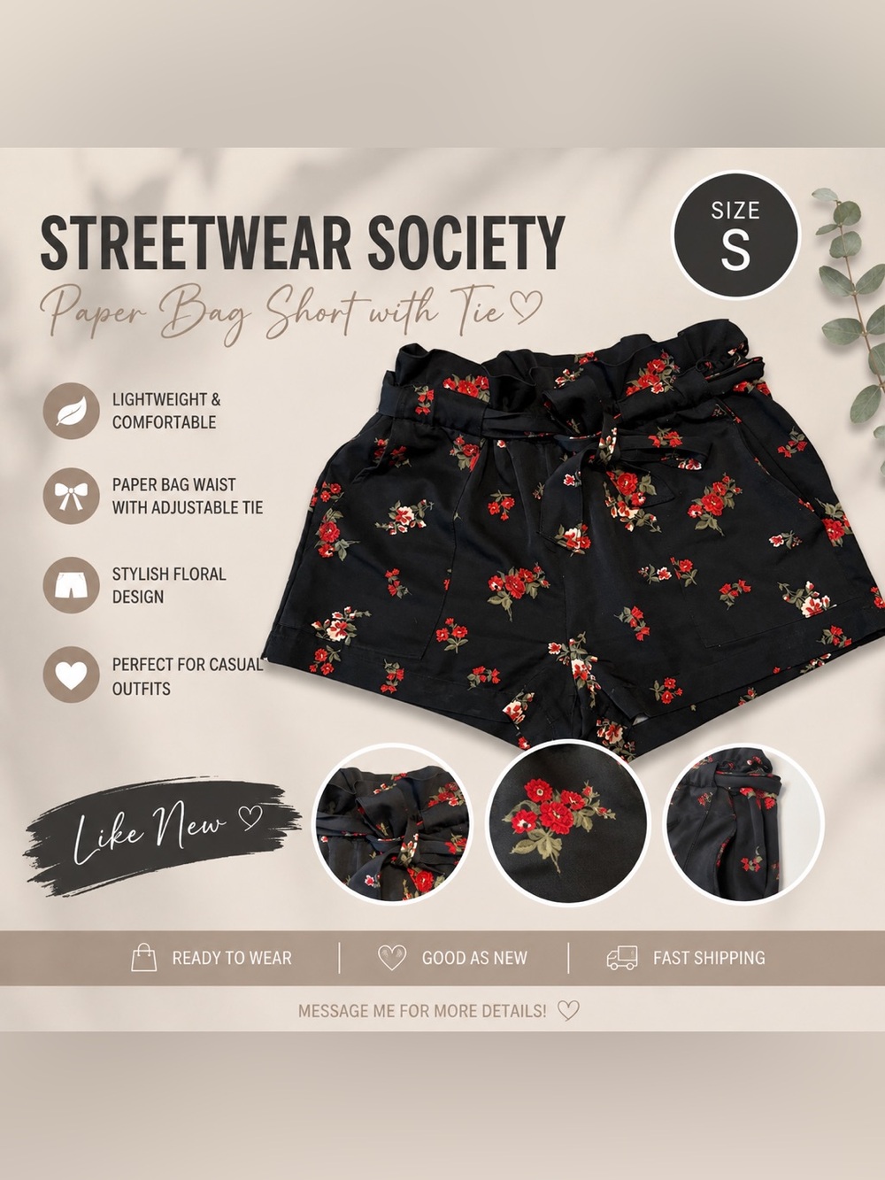 Streetwear Society Black Floral High-Waist Paperbag Shorts with Tie